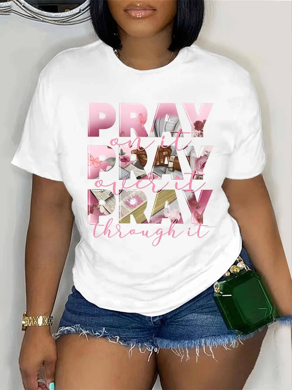 Women's Casual T-Shirts with "Pray On It Pray Over It Pray Through It" Inspirational Quote & Floral Lettering Ladies T Shirts
