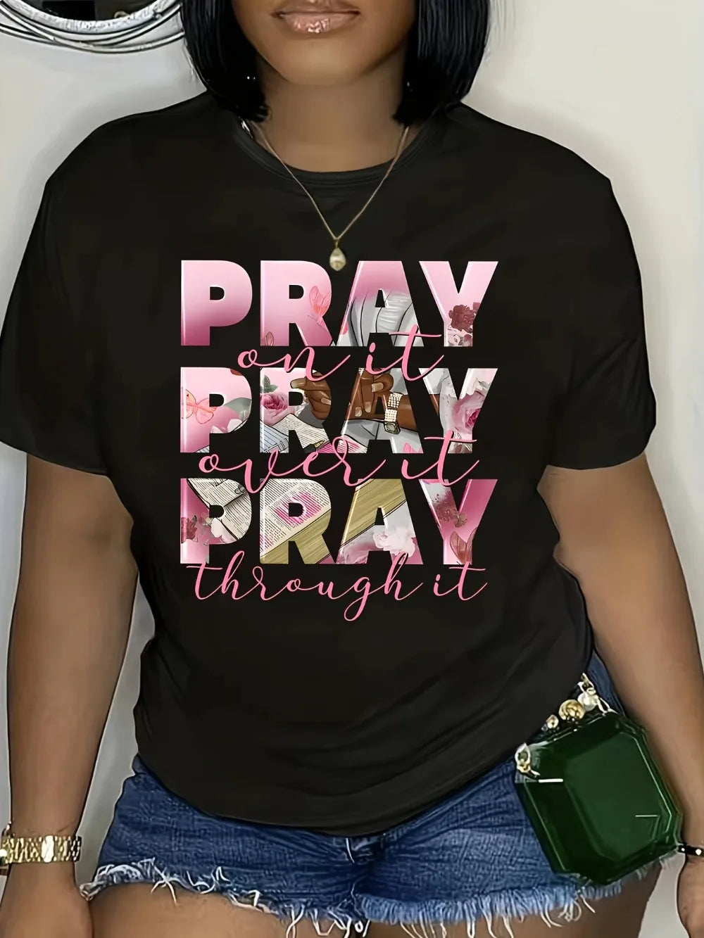 Women's Casual T-Shirts with "Pray On It Pray Over It Pray Through It" Inspirational Quote & Floral Lettering Ladies T Shirts